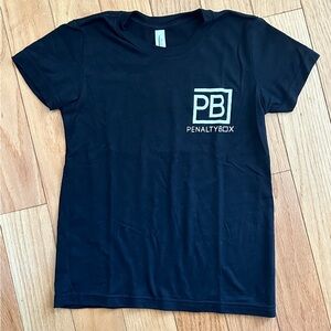 Black Penalty Box t-shirt with BP logo on front and hockey word art on back